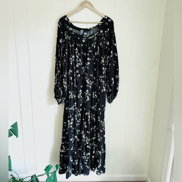 Old Navy Black Floral Square Neck Flowy Sleeve Button Front Maxi Dress X… - Picture 2 of 11